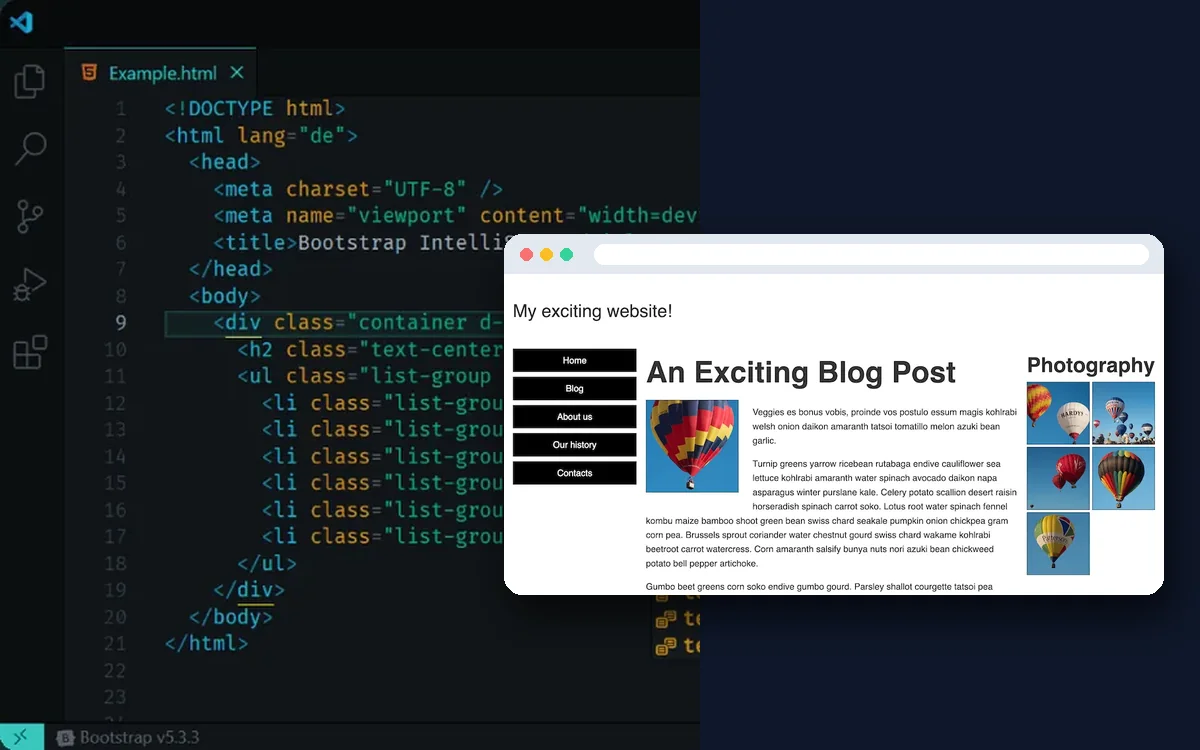 Lập trình web: viết mã HTML trong VS Code bên trái, trang web hoàn chỉnh hiện ra trong trình duyệt bên phải